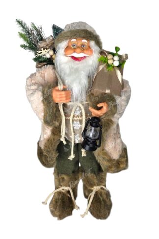 Dekoration Weihnachtsmann Crem 40cm bekleidet mit einem cremefarbenen Mantel und einer Laterne, in der Hand einen Rucksack