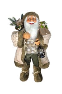 Dekoration Weihnachtsmann Crem 80cm, trägt einen cremefarbenen Pelzmantel und hält eine Laterne